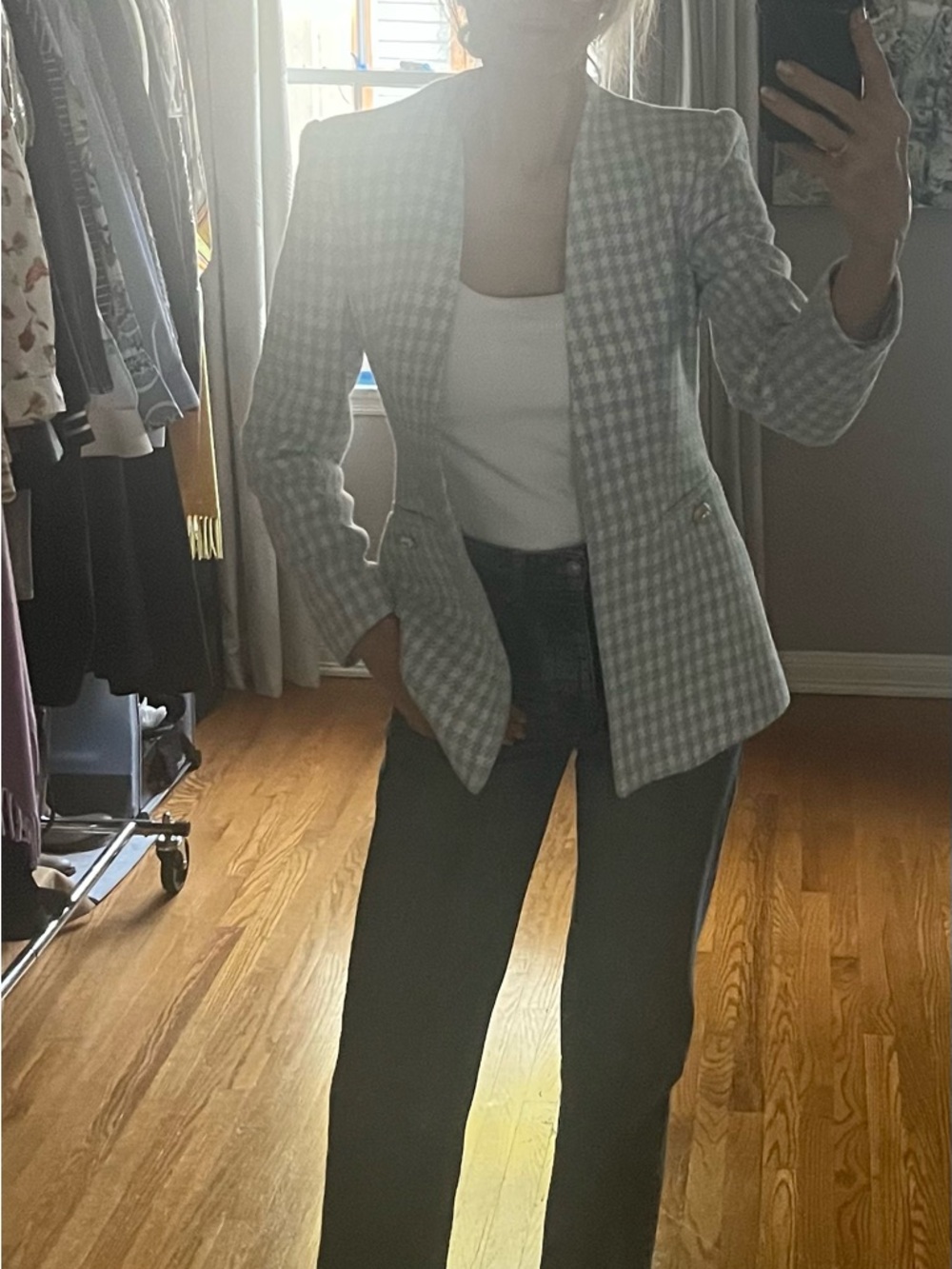 Zara Light Blue & White Houndstooth Collarless Blazer
